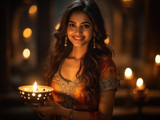 Foto bella donna indiana in abito tradizionale indiano con lampada diwali