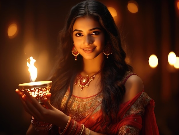 Photo beautiful indian woman in traditional indian dress holding diwali lamp