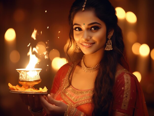 Beautiful indian woman in traditional indian dress holding diwali lamp