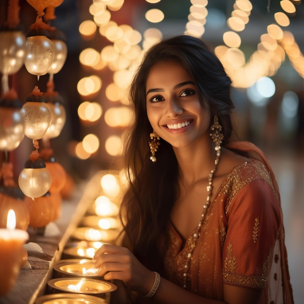 beautiful Indian woman in traditional sari celebrating Diwali or deepavali fesitval of lights