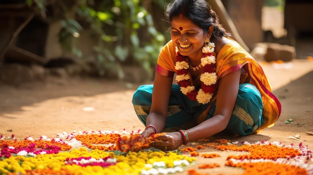 伝統的な服を着た美しいインド人女性がインドの家の近くの花からランゴリを作っています