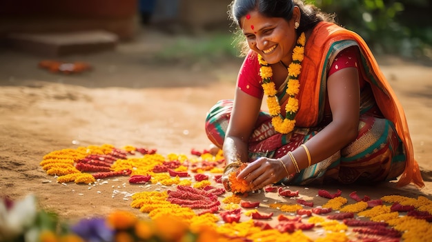 Beautiful Indian woman traditionally dressed making rangoli from flowers near the house in India