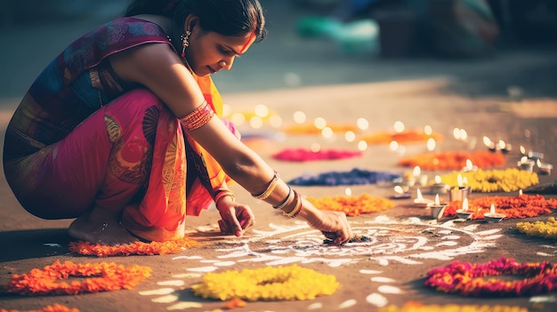 Beautiful Indian woman traditionally dressed making rangoli from flowers near the house in India