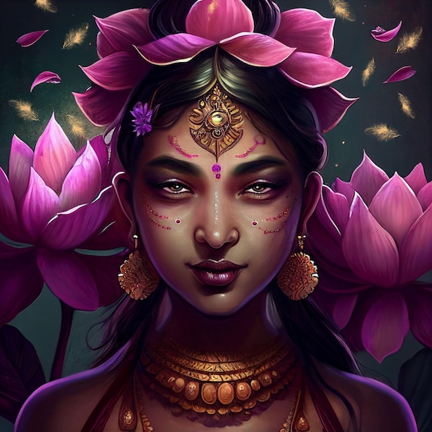 Beautiful Indian Woman Violet Lotus flower Meditation Digital art AI