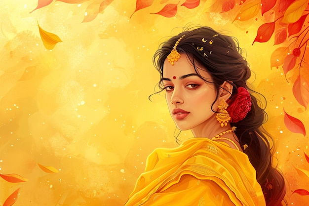 Красивая индийская женщина в традиционном индийском костюме сари Угади или Гуди Падва празднование