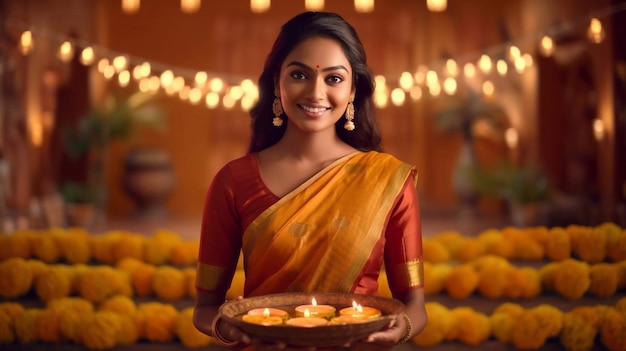 Beautiful indian woman wearing traditional saree holding diwali diya at home with marigold