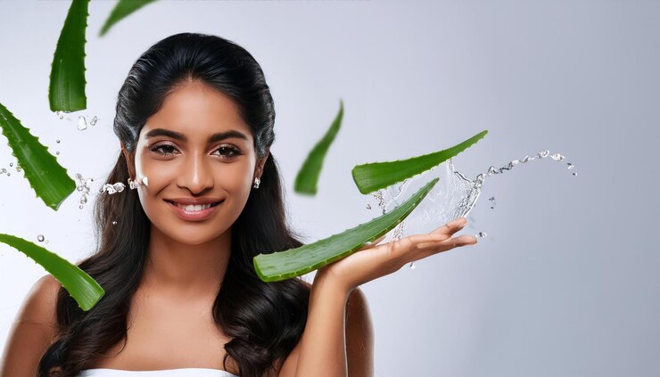 Beautiful Indian Woman with Aloe Vera Beauty Product Represented by Elegant Indian Female