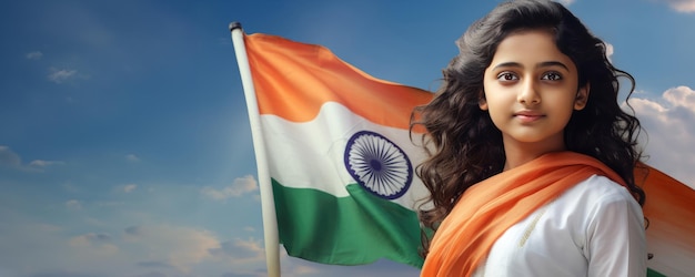 国旗を振る長いカールの美しいインドの女性