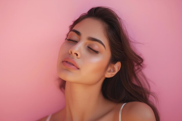 Beautiful Indian woman with pink lips and eye shadow on the pink background