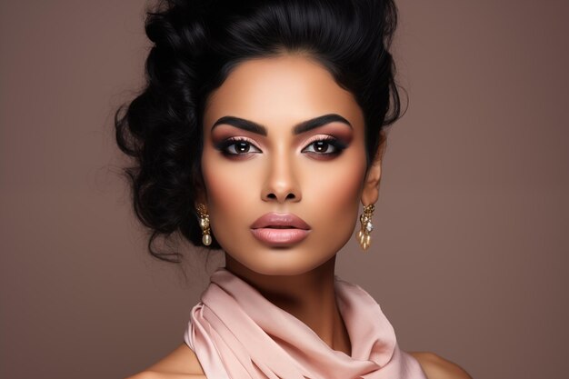 Красивая индийская женщина с розовыми пастельными губами и теней для глаз носит сережки на коричневом фоне