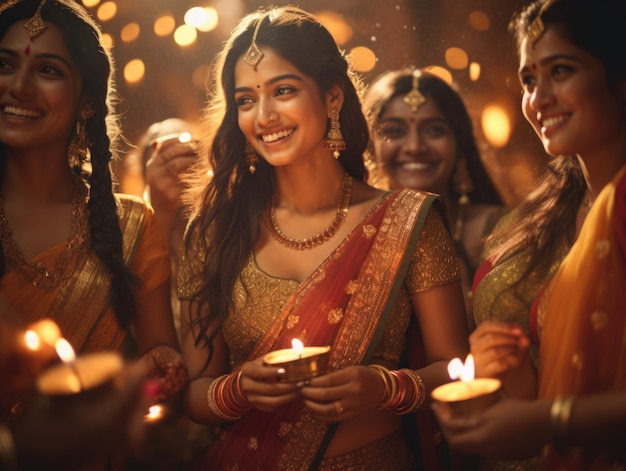 Photo beautiful indian women in traditional dress holding diwali lamp