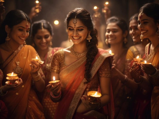 beautiful indian women in traditional dress holding diwali lamp