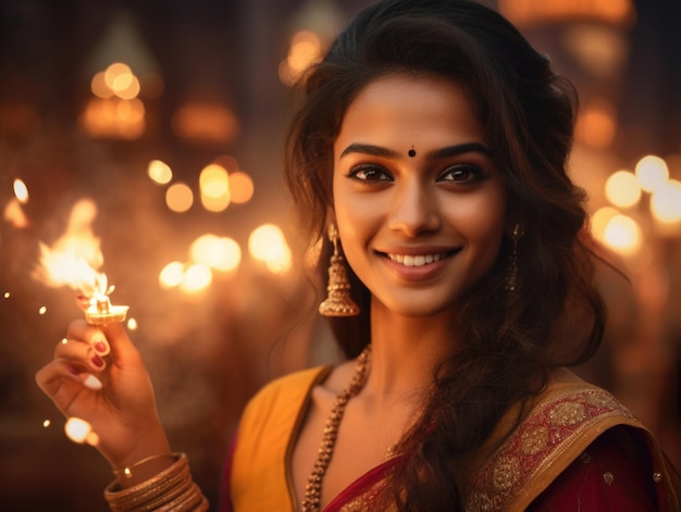 beautiful indian women in traditional dress holding diwali lamp