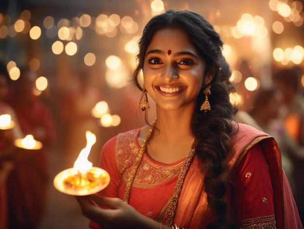 beautiful indian women in traditional dress holding diwali lamp