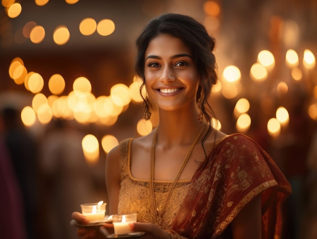 beautiful indian women in traditional dress holding diwali lamp