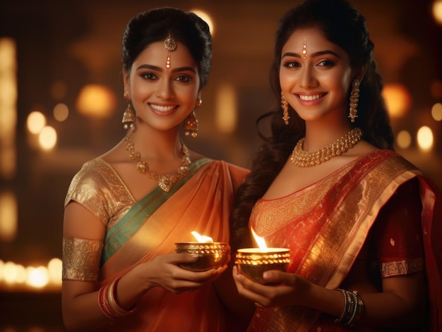 Beautiful indian women in traditional dress holding diwali lamp