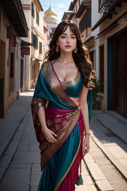 Красивая молодая индийская женщина на фоне индийского города