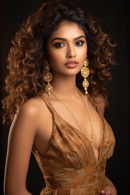 Beautiful Indian young woman with curly hair in golden dress