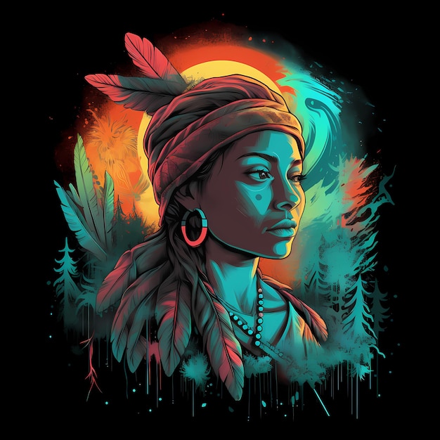 Красивая девушка из числа коренных народов в традиционном головном уборе из перьев, племенной наряд и сгусток
