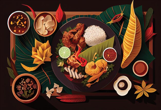 Photo beautiful indonesian food illustration vibrant top view composition