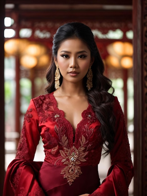 Beautiful Indonesian Girl in Red Kebaya