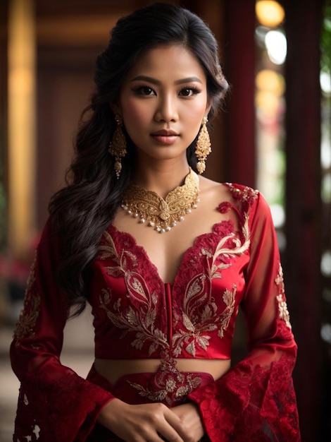 Beautiful Indonesian Girl in Red Kebaya