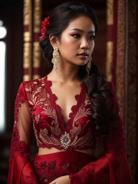 Beautiful Indonesian Girl in Red Kebaya