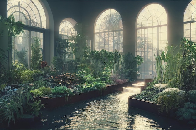 Bellissimo giardino interno pieno di piante e corsi d'acqua 3d rendono fotorealistico