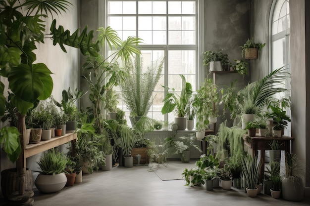 A beautiful indoor garden with greenery and plants arranged in delicate vases