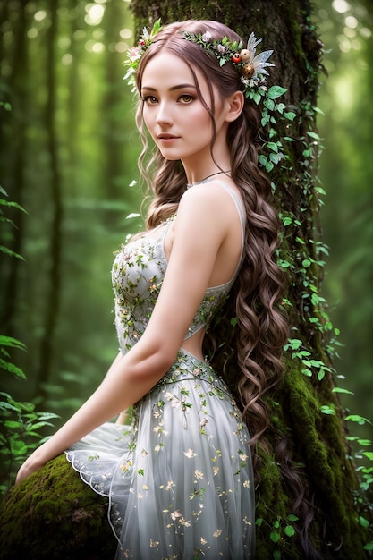 写真 美しい森の住人 おとぎ話やファンタジーのニンフの妖精 naiad ジェネレーティブ ai の神話上のキャラクター