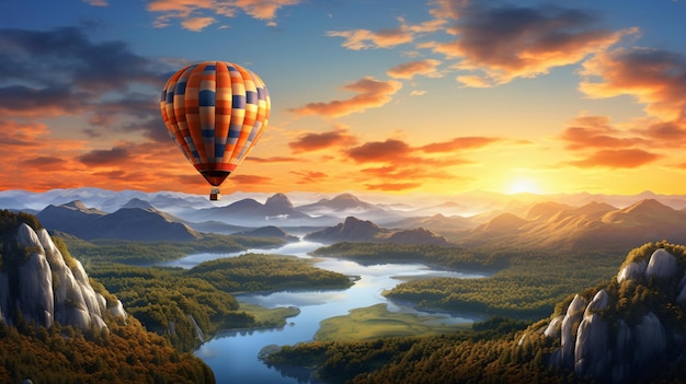 Beautiful inspirational landscape with hot air balloon