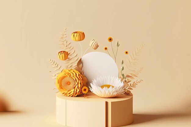 Beautiful installation of 3D rendering paper flowers in delicate beige yellow tones generative ai