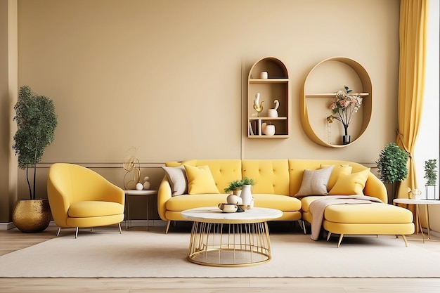 Beautiful interior in beige tones with yellow upholstered furniture and golden side tables with decor 3d rendering