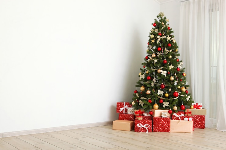 Photo beautiful interior decorated for christmas or new yearchristmas tree and gifts