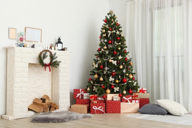 Beautiful interior decorated for christmas or new yearchristmas tree and gifts