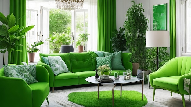 Красивый дизайн интерьера с зеленой мебелью
