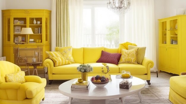 A beautiful interior design with yellow furniture