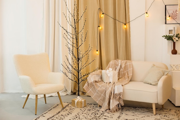 Beautiful interior of living room with decorated Christmas tree