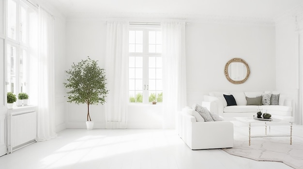 Красивый интерьер гостиной с белой стеной