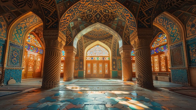 사진 복잡 한 패턴 과 다채로운 창문 과 빛 을 가진 화려 한 모스크 의 아름다운 내부