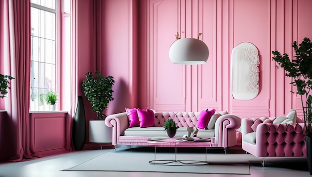 Foto bel interno di salotto bianco rosa mobili di lusso bianco rosa con pareti bianche rosa