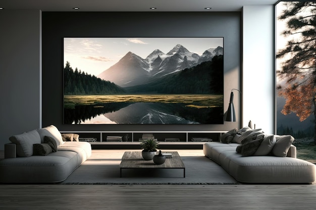 A beautiful interior of a room with a large plasma TV on the wall The room has a cozy ambiance with comfortable furniture including a sofa armchairs and a coffee table Generative AI