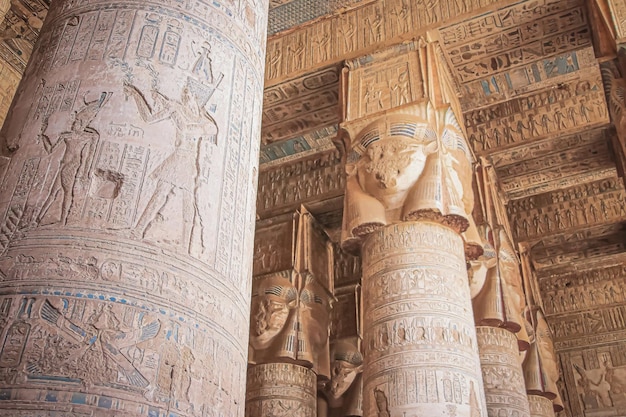 Beautiful interior of the Temple of Dendera or the Temple of Hathor. Egypt, Dendera, Ancient Egyptian temple near the city of Ken.