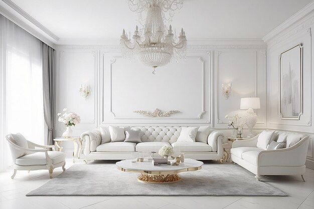 Beautiful interior of white living room white luxury furniture with white walls