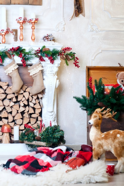 Beautiful interior with a fireplace Christmas