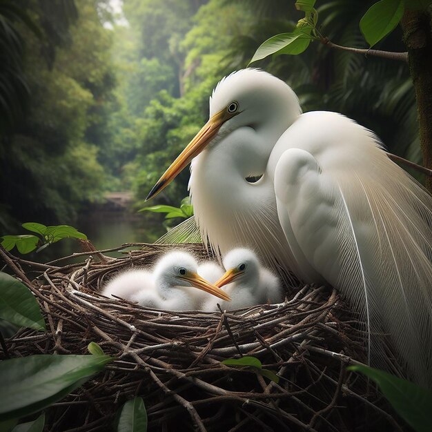 A beautiful intermediate egret bird in its house with baby bird AI generated