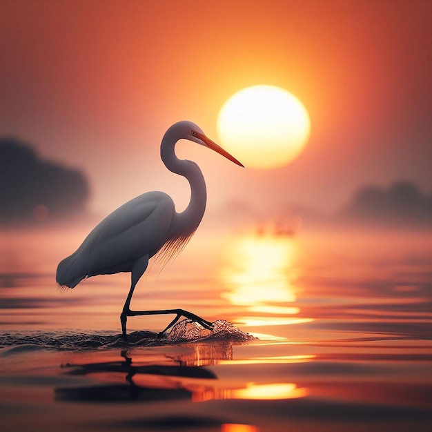 Красивая промежуточная птица-эгрет на закате, созданная ИИ