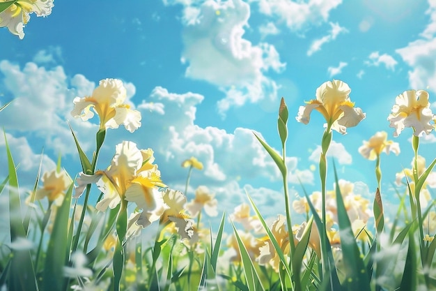 Beautiful iris flowers in the meadow on blue sky background