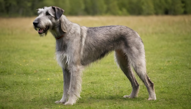 Photo beautiful irish wolfhound dog stand dog breed green meadow near forest