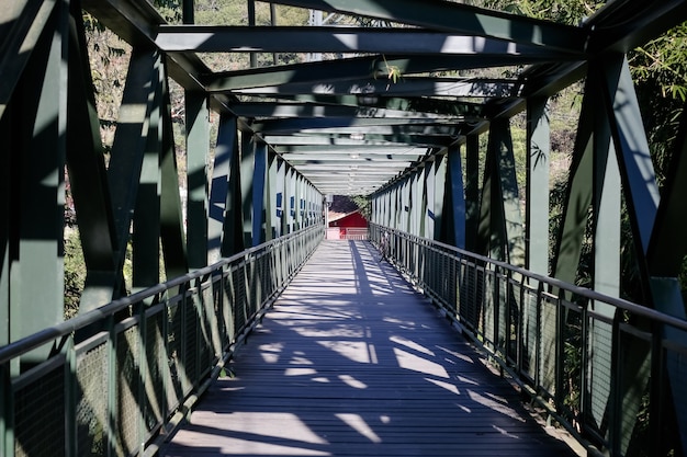 Beautiful iron bridge over the river in the middle of the enchanted forest